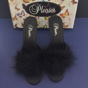 Pleasers Black Satin & Feathered Heels 9M